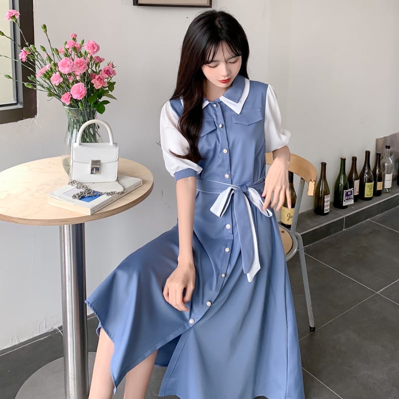 [Kodokuya Series] ★Dress★ Large size Color scheme Chiffon Ladies fashion Blue Blue Improves temperament