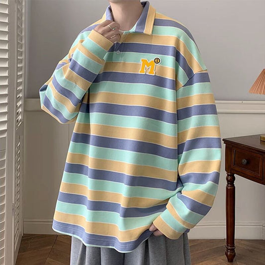 [BIGEMAN Series]★POLO Neck★ 2color Tops Vertical Stripes Striped Pattern Unisex Men's Large Size