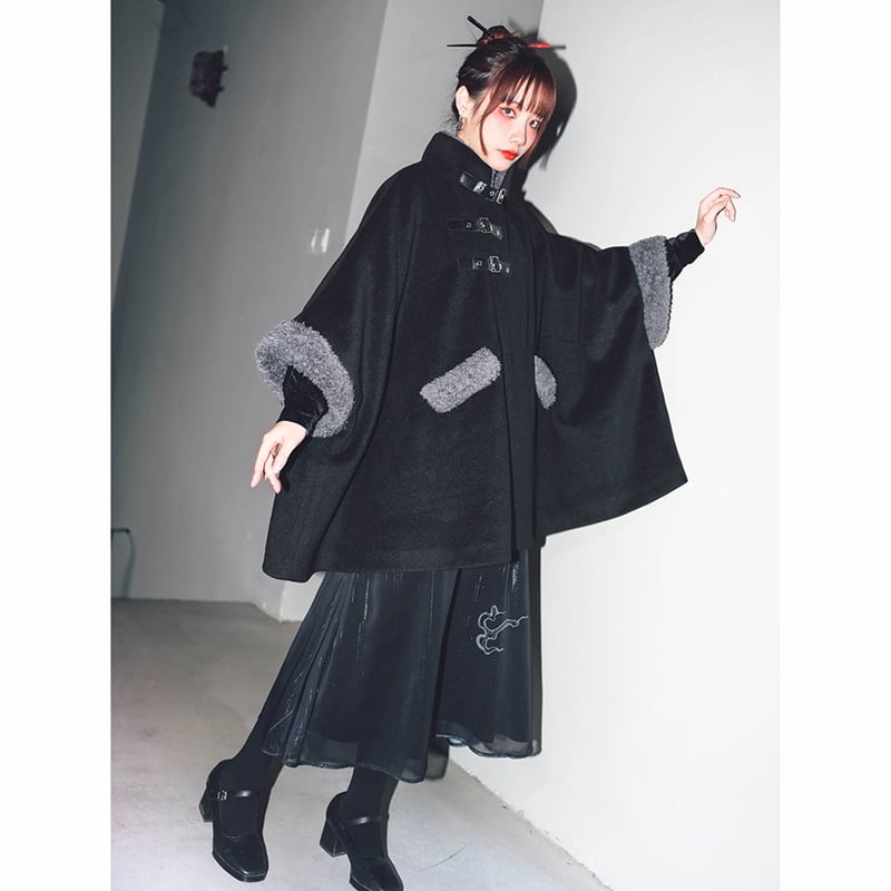 [Ancient monster house---Shanhai Jing Kunlun series] ★China style coat★ Outer coat Lasha loose thick warm black black cloak coat