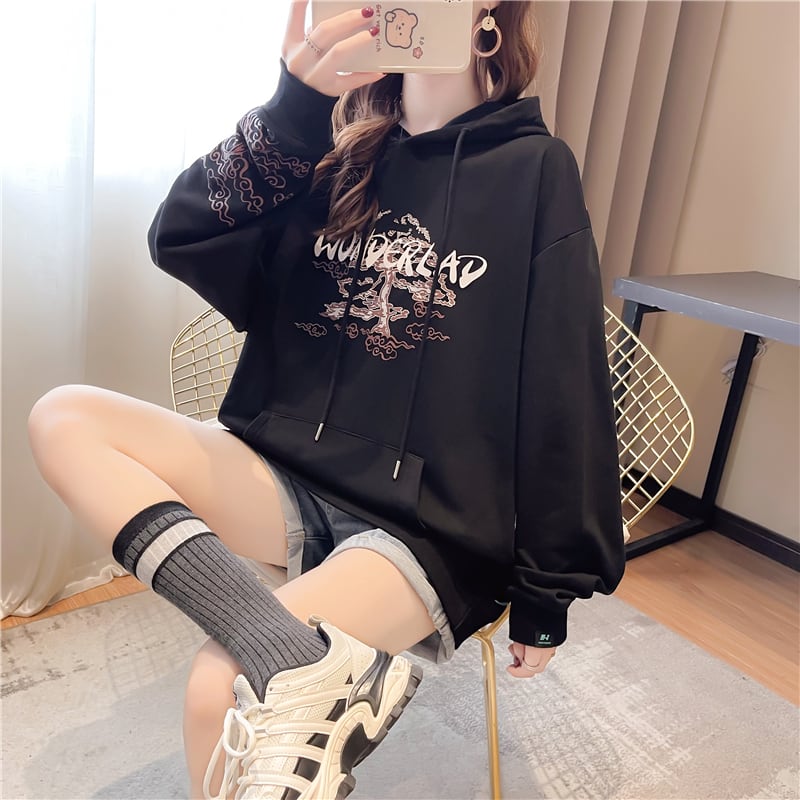 [YIDIEQIAN series]★China style hoodie★ Tops 2color black white print casual