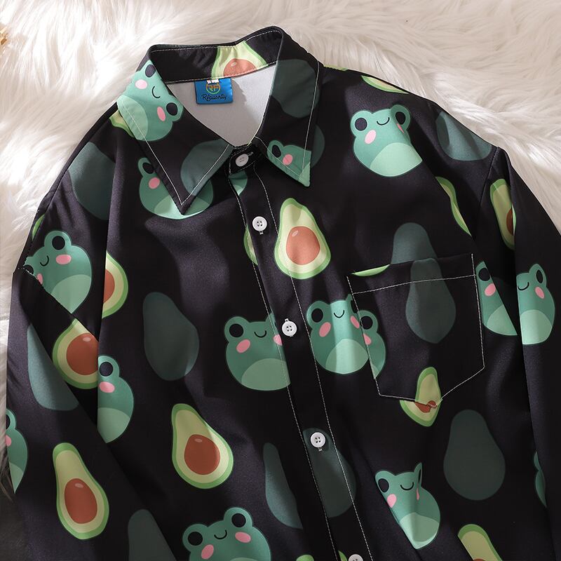 [Escaped Earth Series]★Shirt★ 2color Long Sleeve Shirt Tops Frog Animal Pattern Unisex Men's ML XL 2XL Black White