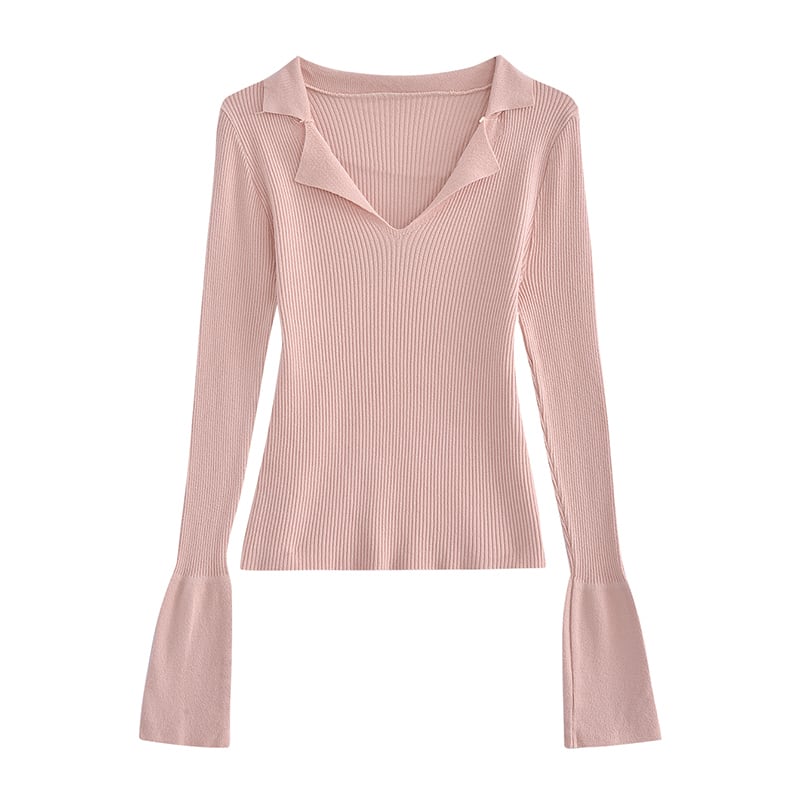 [Mikiko Series]★Knit tops★ 4color tops cut and sew thin V-neck slim pink apricot black dark gray