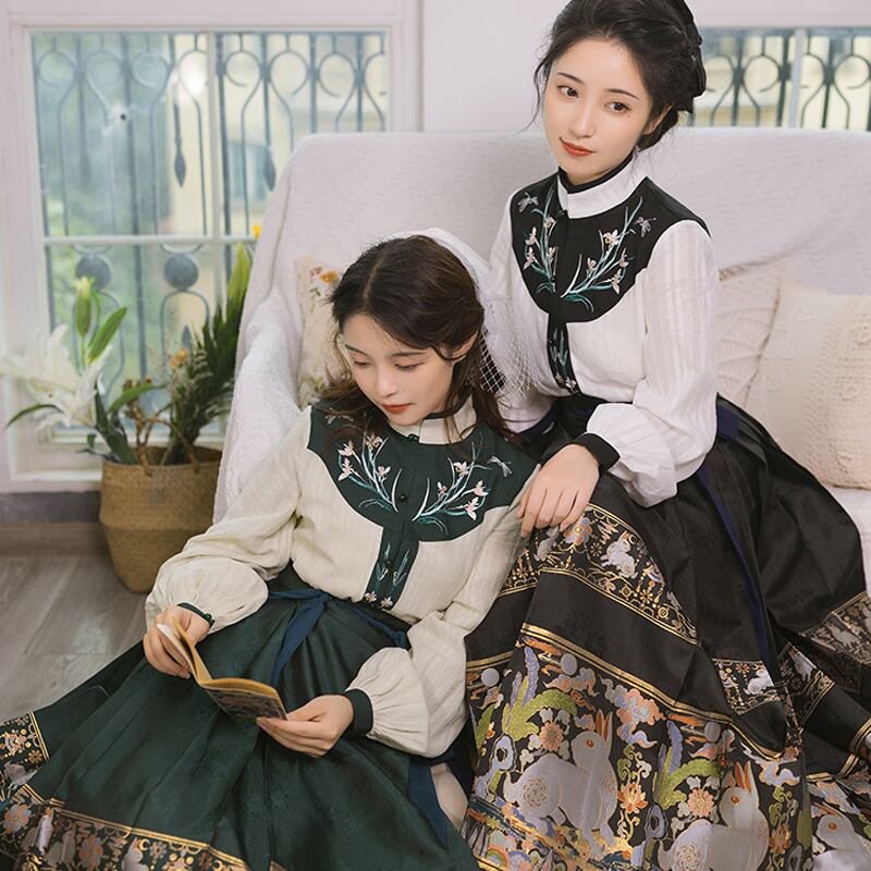 [Shimizu Kei Series] ★Long Skirt★ Limited Quantity Chinese Clothing Pleated Skirt Hanfu Wrap Skirt Rabbit Yoshigumo Black Green Blue