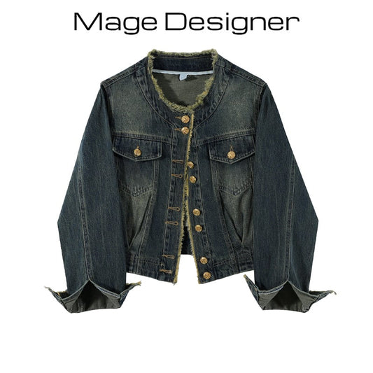 [Mage Designer Series]★Jacket★ Denim jacket outerwear fashion easy to match Blue Blue