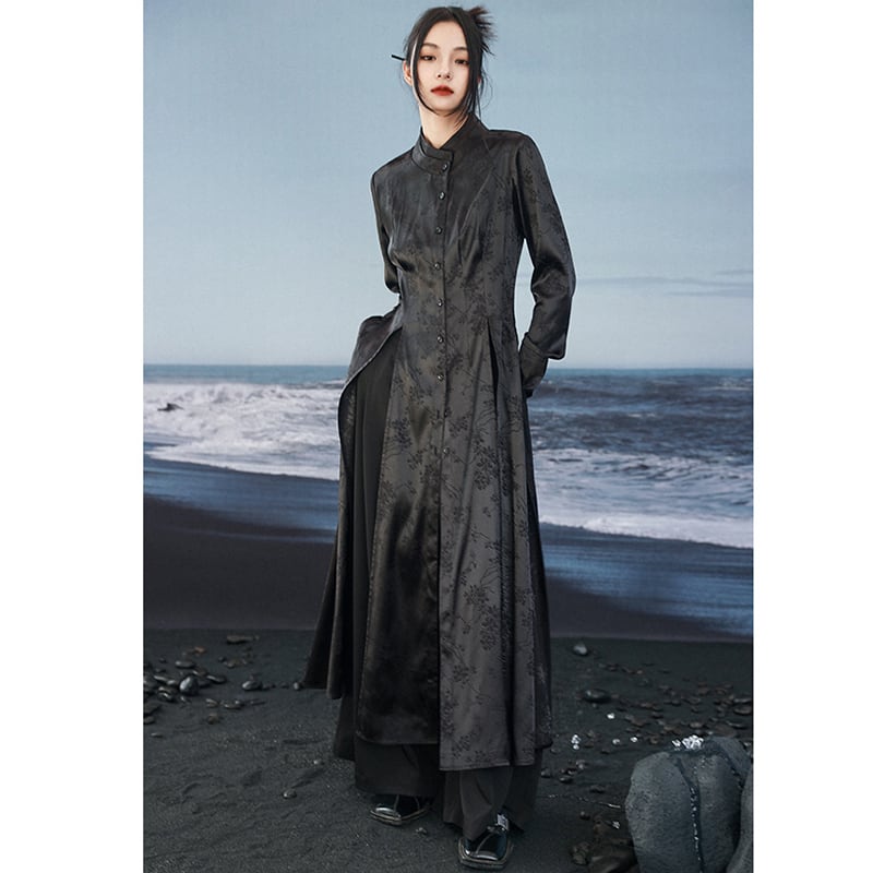 [Big Blue Dragon Series]★China style shirt★Long length shirt slit original black black slimming fashionable