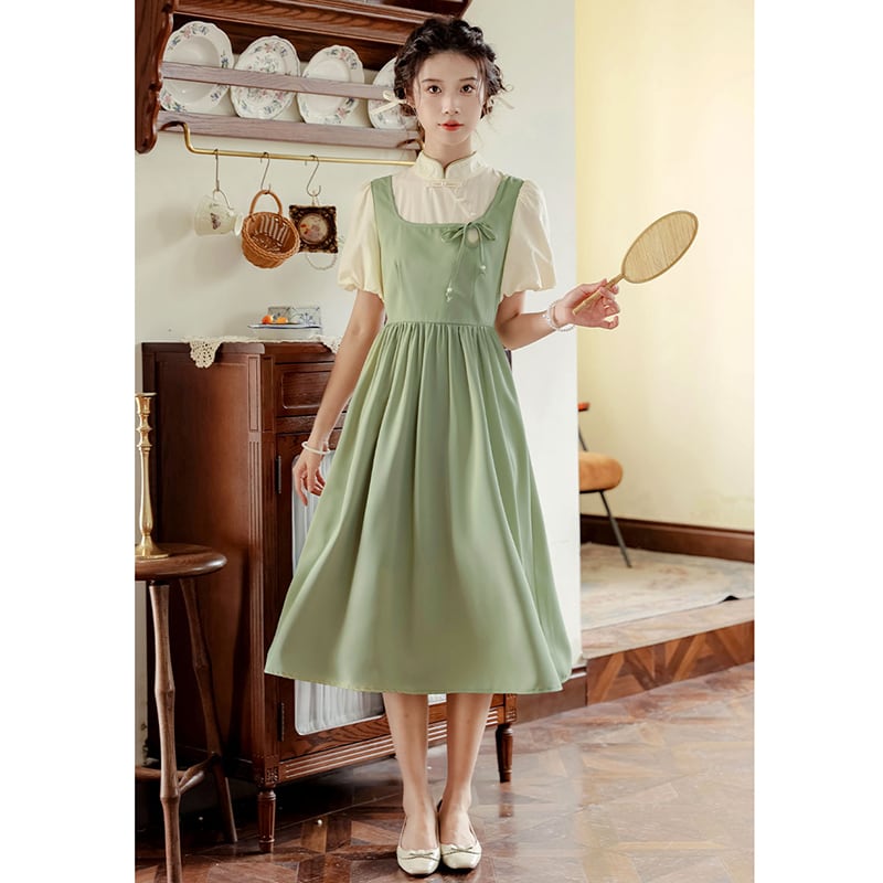 [White Moonlight Series] ★China style dress★ 2color improved cheongsam dress summer clothes fake layered black green