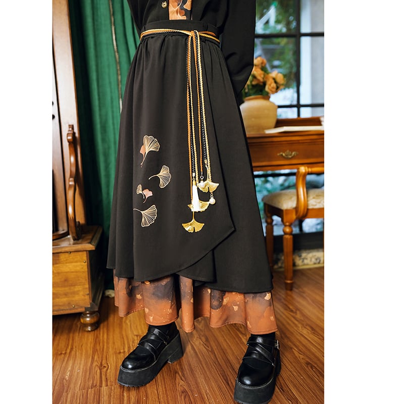 [Kokaisha --- Leaf Series] ★China style skirt★ Bottoms Switching Color scheme Floral print Black Black