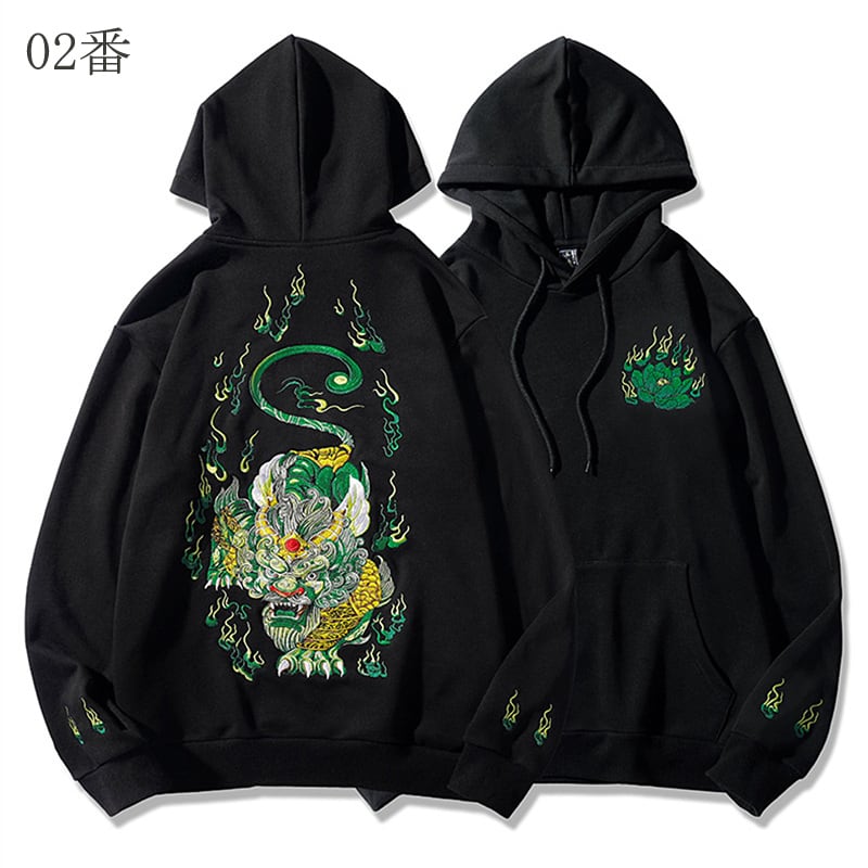 [Ryoko Series]★China style hoodie★ Tops with dragon embroidery Unisex Easy to match Large size Black Black