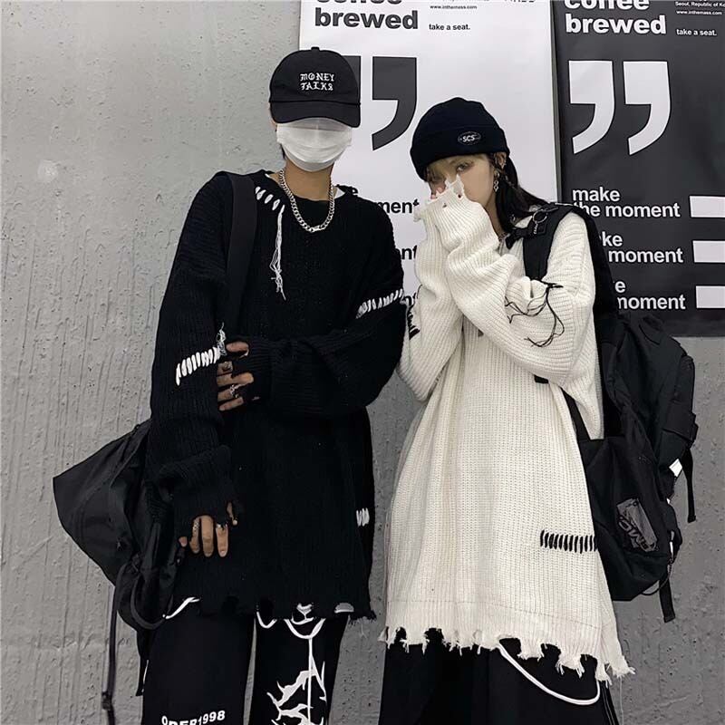 [OUMEIDK Series] ★Sweater★ 2color Tops Couple Unisex Loose Autumn/Winter Couple Clothes Unique Knit Black White