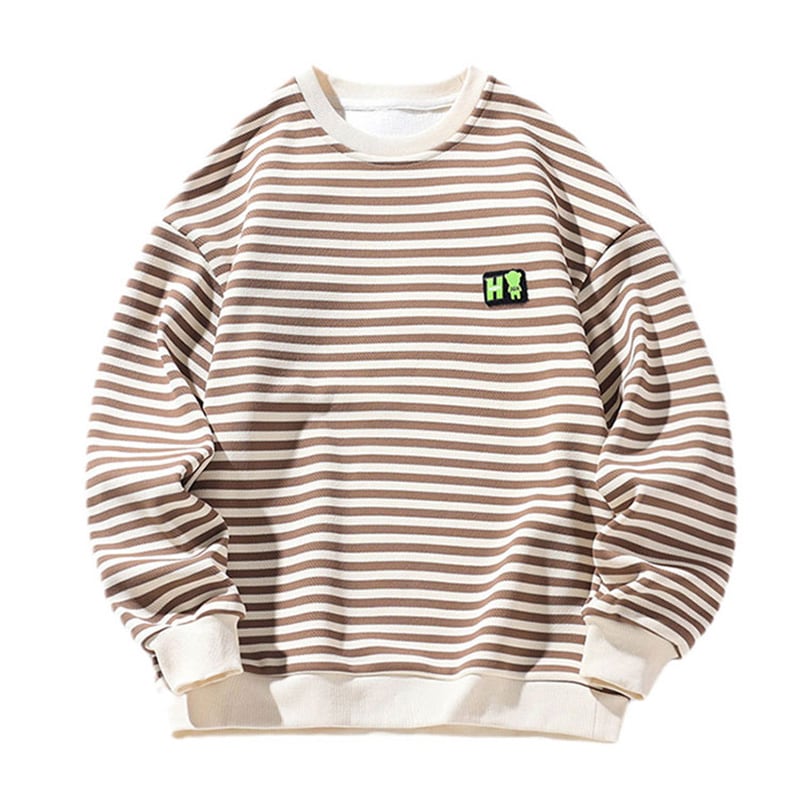 [BIGEMAN Series] ★Tops★ 2color Horizontal striped pattern long sleeve tops Unisex Men's Large size Black Coffee color