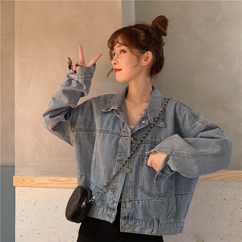 [Mikiko Series]★Denim Jacket★ Outer Jeans Short Length Fashion Easy to Match Blue Blue