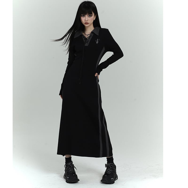 [LadyGhost Series]★Dress★ Dress POLO neck slimming long dress cute SML black black