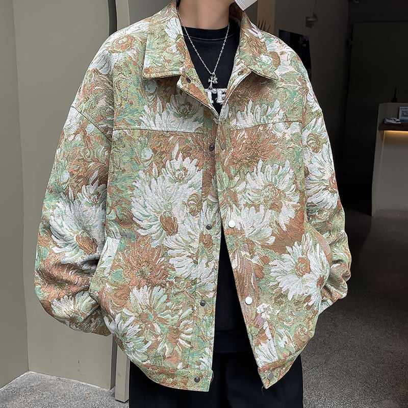 [KADISHOU Series] ★Jacket★ Outerwear 2color Oil Painting Style Floral Pattern Unisex Men's Large Size Blue Green