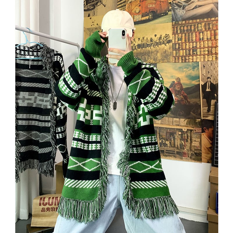 [Gaeteisho Series] ★Cardigan★ 2color Black or Green Sweater Print Unique Fringe Unisex Large Size