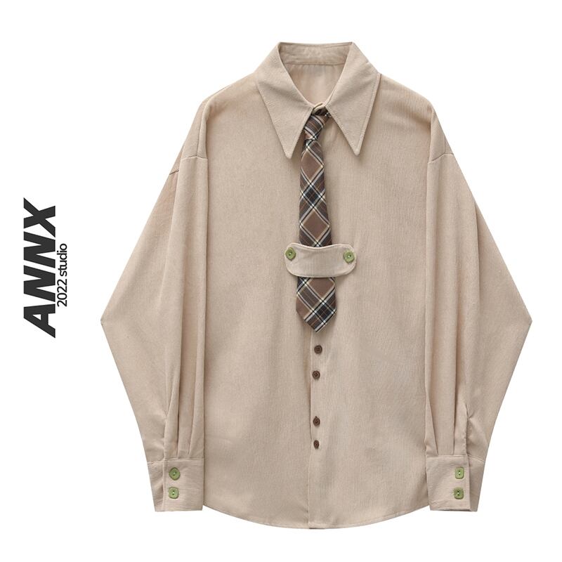 [YOUZI series]★Shirt with tie★ 2color mini length corduroy tops light brown purple