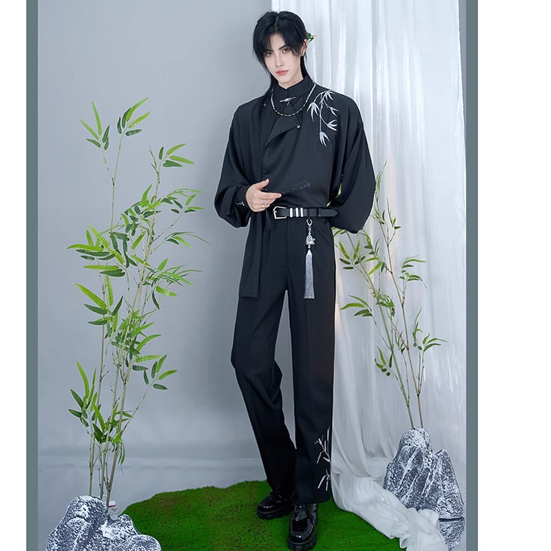 [Kuraho Koya Series]★China style trousers★Bottoms Bamboo embroidery Unisex Men's Black Black