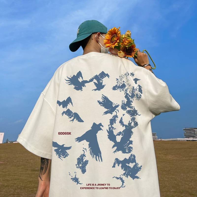 [KADISHOU series] ★T-shirt★ Tops 2color Unisex Men's Large size Bird Bird pattern Easy to match