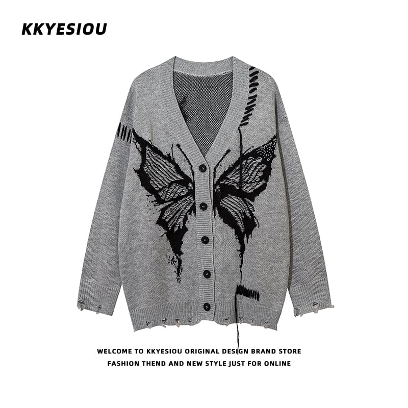 [KKYESIOU Series]★Sweater★ 2color Cardigan Tops Unisex Men's Butterfly Black Gray