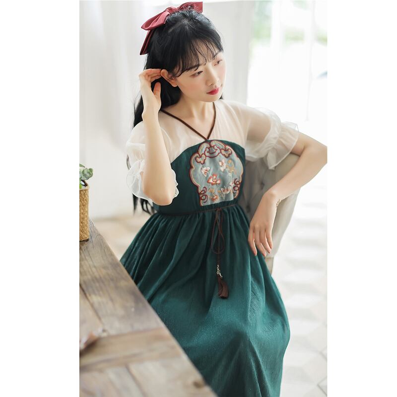 [Shogunsho series]★Hanfu dress★ Embroidery Casual wear Chiffon V-neck Green Green Coming-of-age ceremony SML XL Green Green