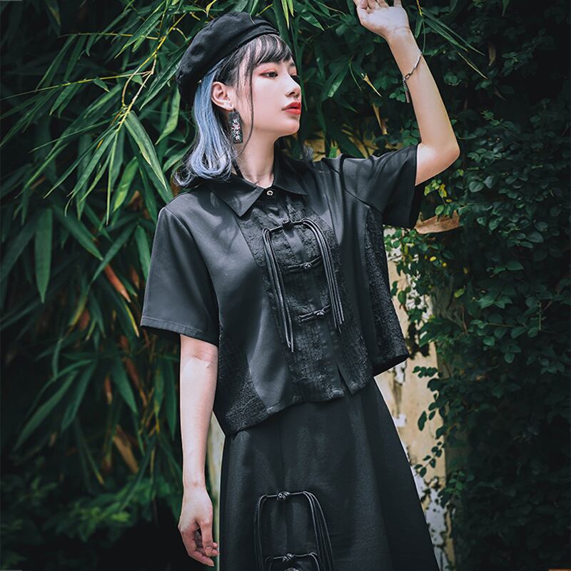 [Kokaisha --- Bamboo Series] ★Chinese style shirt★ Fringe Chinese clothing original short length black black