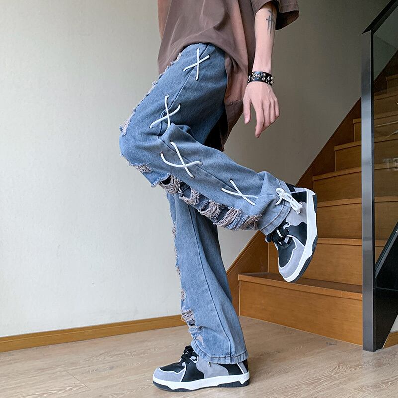 [YANDAN Series]★Denim pants★Bottoms Pants Unisex Men's Distressed Blue Blue Design Stylish