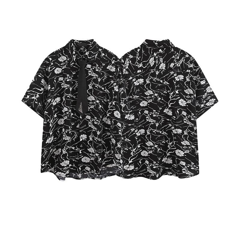 [BEAT BOY Series] ★Shirt with tie★ Ink pattern floral pattern tops short sleeve shirt unisex men's print black black