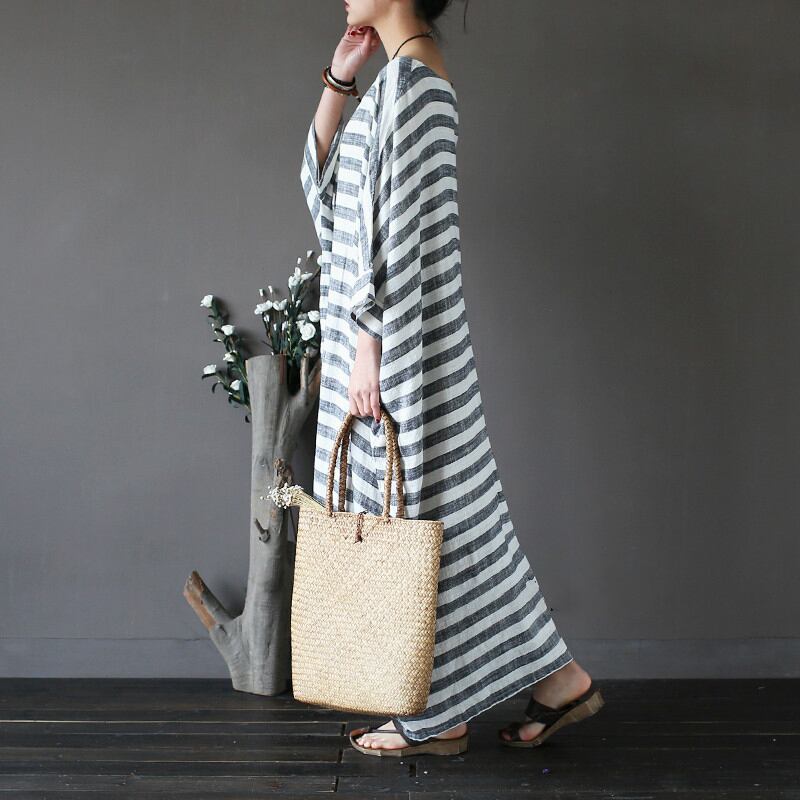 [LIANSHANG series] ★China style dress★ 3color loose body cover horizontal stripes striped pattern literary style