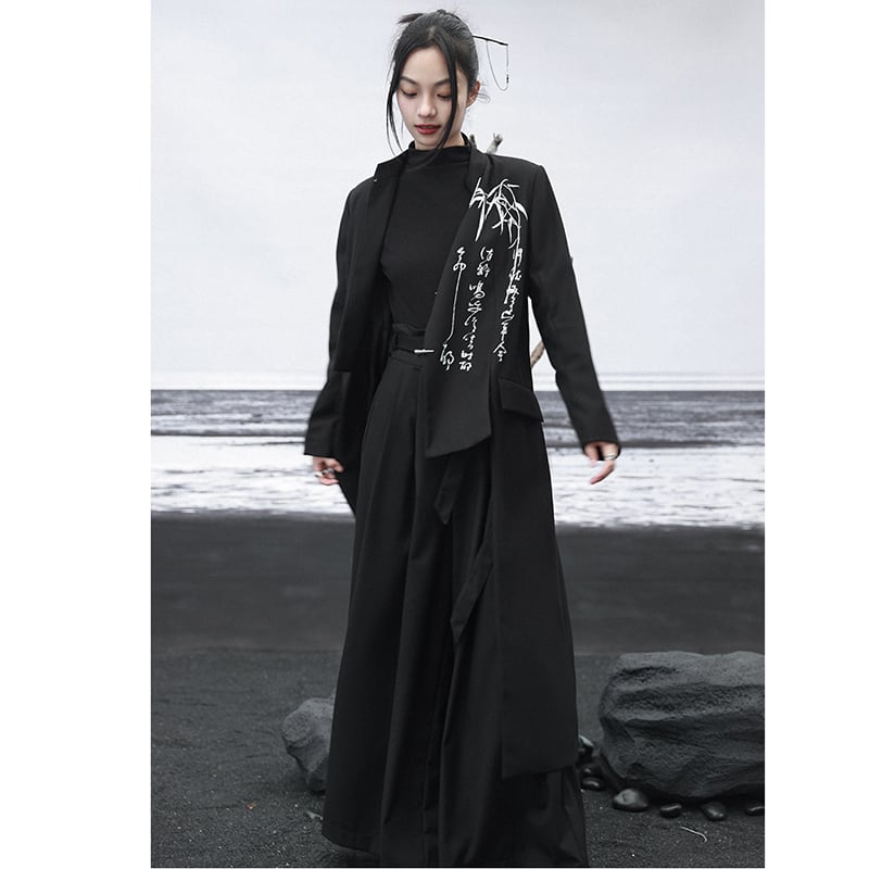 [Big Blue Dragon Series] ★China style outerwear★ Long length Kanji pattern embroidery irregular bamboo black black original