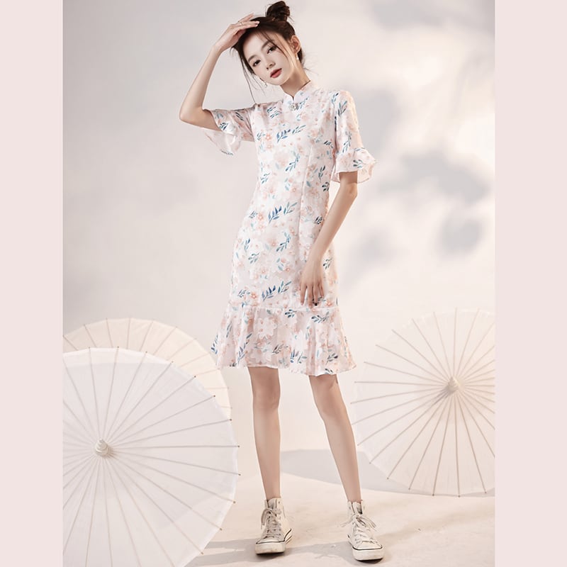 [YUEQIAO Series]★Cheongsam dress★Short length mermaid line Chinese style dress Chiffon Light pink