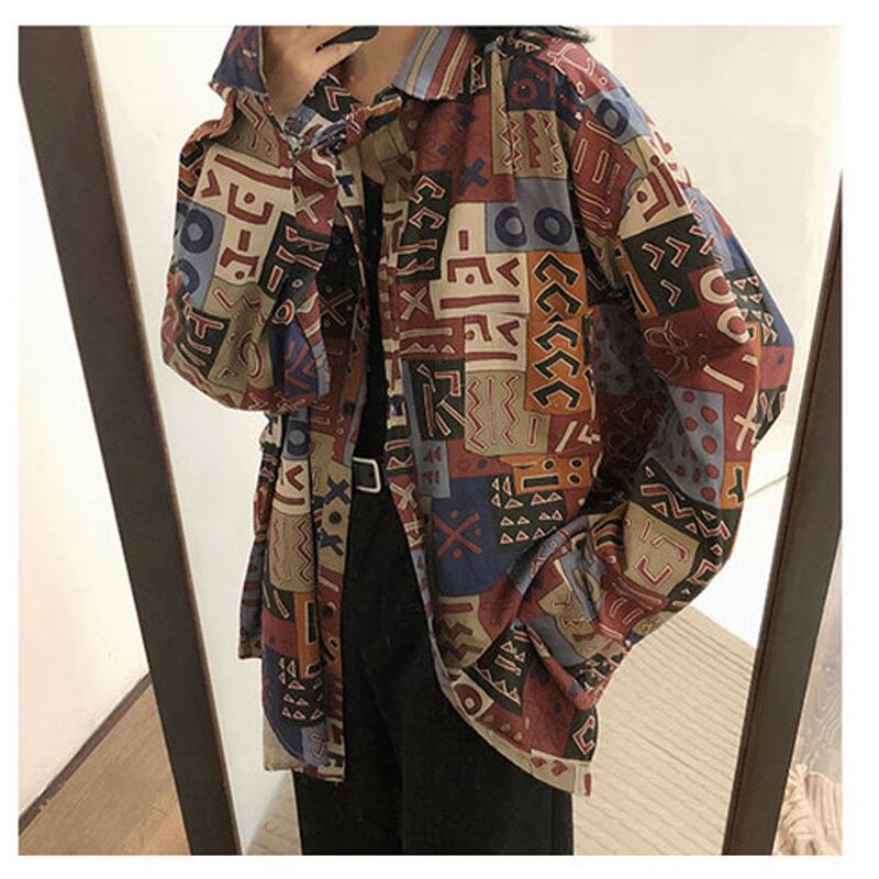 [YOUZI Series] ★Retro Shirt★ Long Sleeve Shirt Tops Print Retro S M L XL Loose Easy to Match Thin