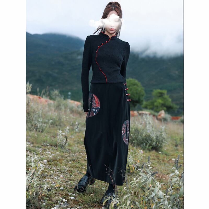 [Big Blue Dragon Series]★China style skirt★ PU skirt Chinese button ethnic style black black slimming wear