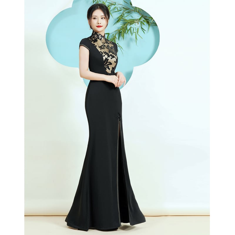 [Yukin Yumori Series] ★Cheongsam dress★ Mermaid line Improves temperament Maxi length Large size Sexy Black