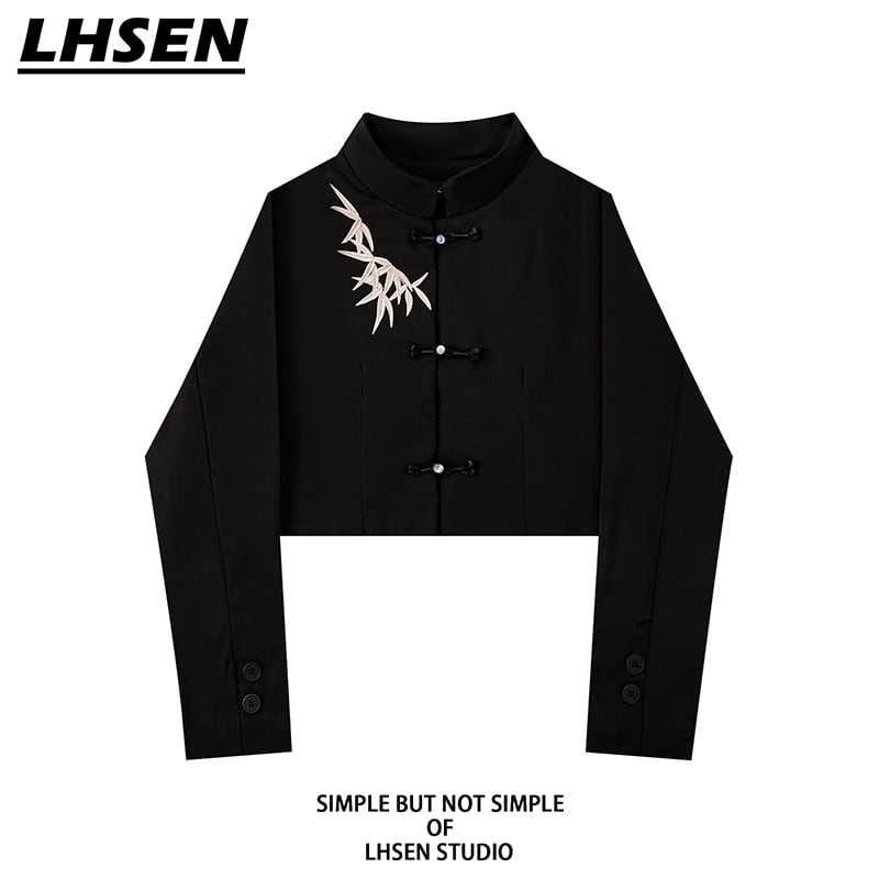 [LHSEN Series]★China-style tops★China-style shirt, outerwear, bamboo, bamboo pattern, mini length, slimming, black, black