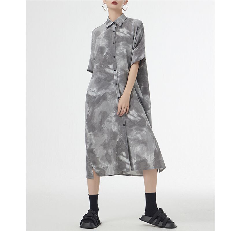 [YIDAO Series]★Shirt dress★ 2color long shirt print retro floral pattern loose blue gray summer clothes