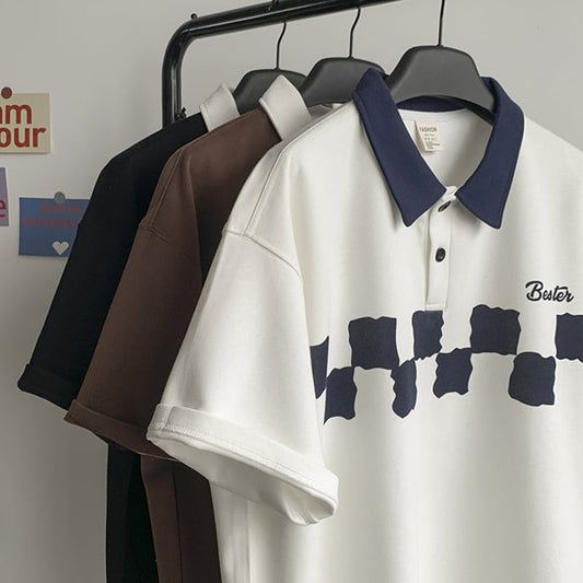 [OULUDE Series]★POLO Shirt★ Tops 3color Plaid Pattern Unisex Men's ML XL 2XL White Black Coffee Color