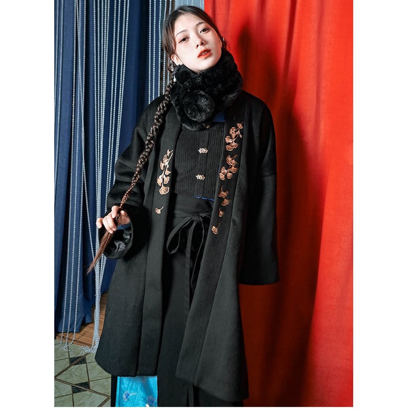 [Kokaisha --- Leaf Series] ★China style coat★ 2color embroidery outerwear long length Hanfu coat black gray