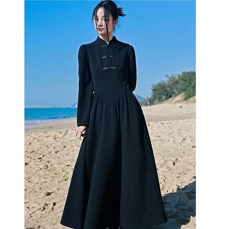 [Da Qinglong Shu Series] ★Chinese style dress★ Long length Chinese clothing Original Black Black Improves your temperament