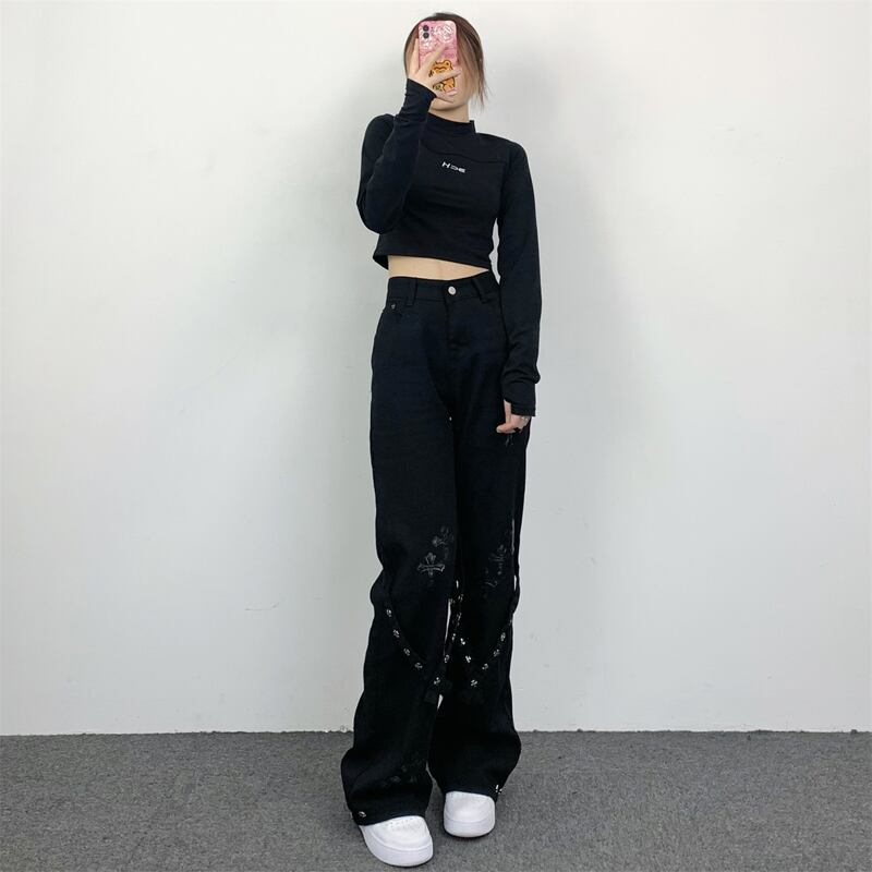 [MGJM Series]★Casual Pants★ Pants Unisex Men's Alphabet Unique Black Black Design