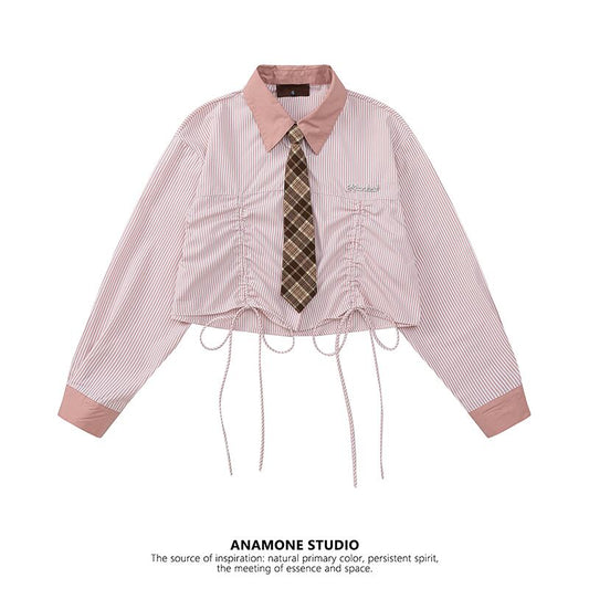 [ANAMONE Series]★Shirt with tie★ 2color long sleeve shirt plaid pattern fashionable pink cute