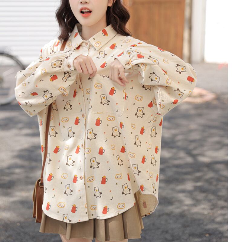 [Mago Series]★Shirt★ 3color Tops Penguin Long Sleeve Shirt Print Loose Cute SML