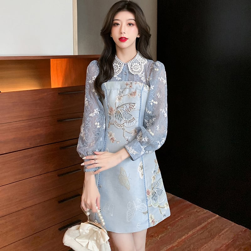 [Yuyubei Ura Series] ★Chinese style dress★ Switching lace blue blue cute date improving temperament