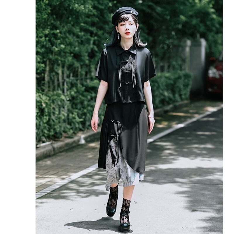 [Kokaisha --- Bamboo Series] ★Chinese style shirt★ Fringe Chinese clothing original short length black black