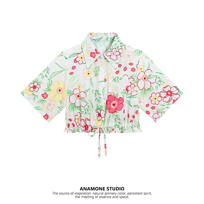 [ANAMONE STUDIO series] ★Floral pattern shirt★ Tops Short sleeve shirt Summer clothes SML Short length Sweet