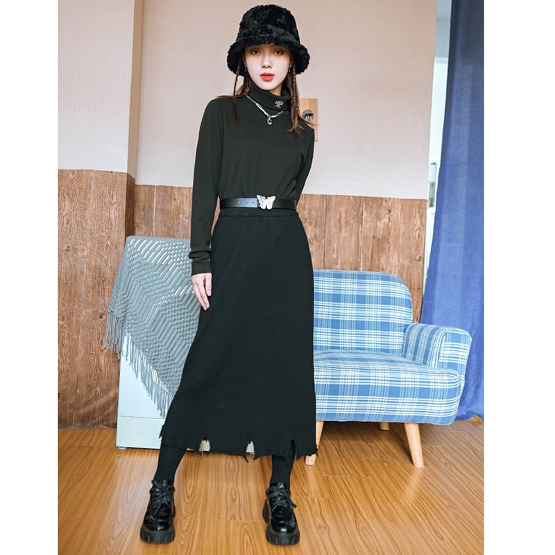 [Old Monster --- Ruined Roman Series] ★Knit skirt★ Bottoms, slimming, elastic waist, black, black, easy to match