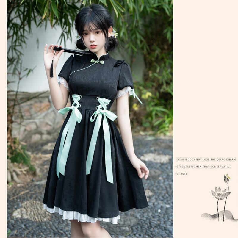 [Shukunsho Series] ★Chinese style dress★ Improved cheongsam dress Black Black Hanfu dress