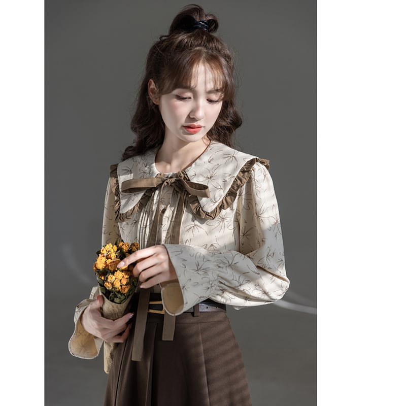 [GUIDUO Series]★Shirt★ Tops, Long Sleeve Shirt, Floral Pattern, Women's, Improves Temperament, Ribbon, Cute, Date, Commuting