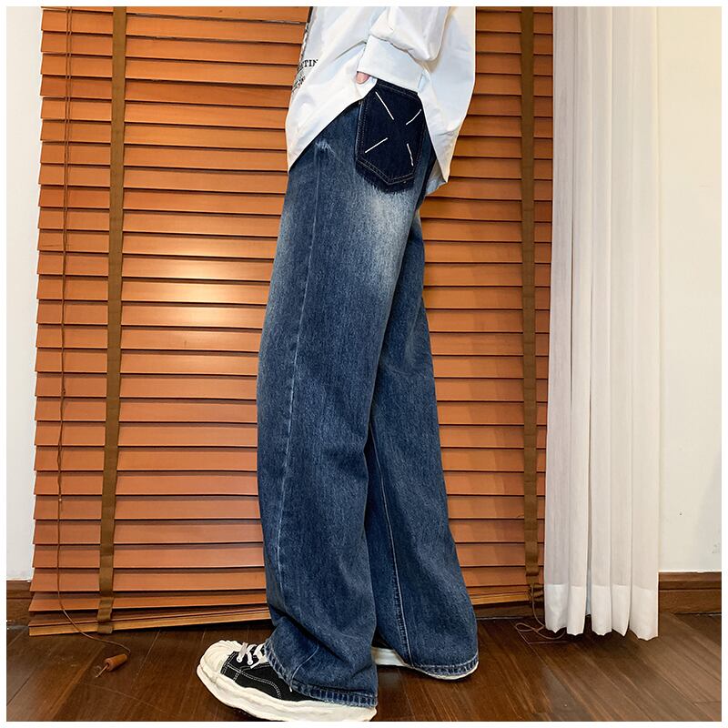 [Vesibo Series]★Denim Pants★ 2color Bottoms Unisex Men's Trousers Black Blue Black Blue