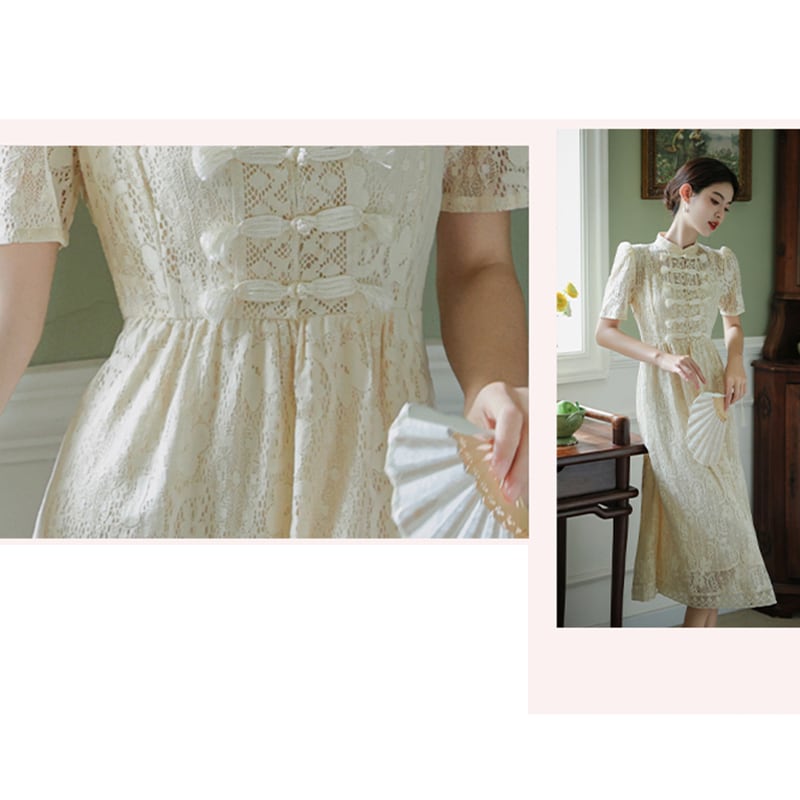 [BAIRIMENG Series]★China style dress★ Lace dress Improved Chinese dress Summer clothes Beige