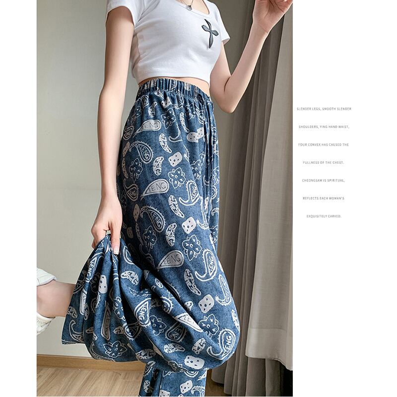 [FENGLIN Series] ★Casual Pants★ Bottoms Trousers Cool Blue Blue Slimming Print Summer Clothes Paisley