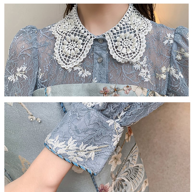 [Yuyubei Ura Series] ★Chinese style dress★ Switching lace blue blue cute date improving temperament